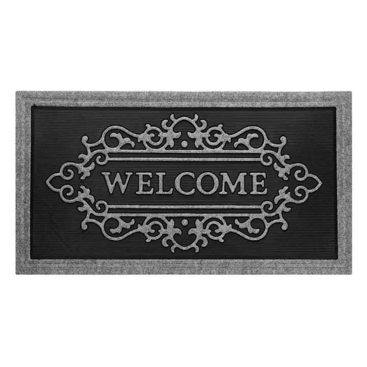 Bejárati szőnyeg üdvözlő mintával, fekete/szürke 90x51 cm