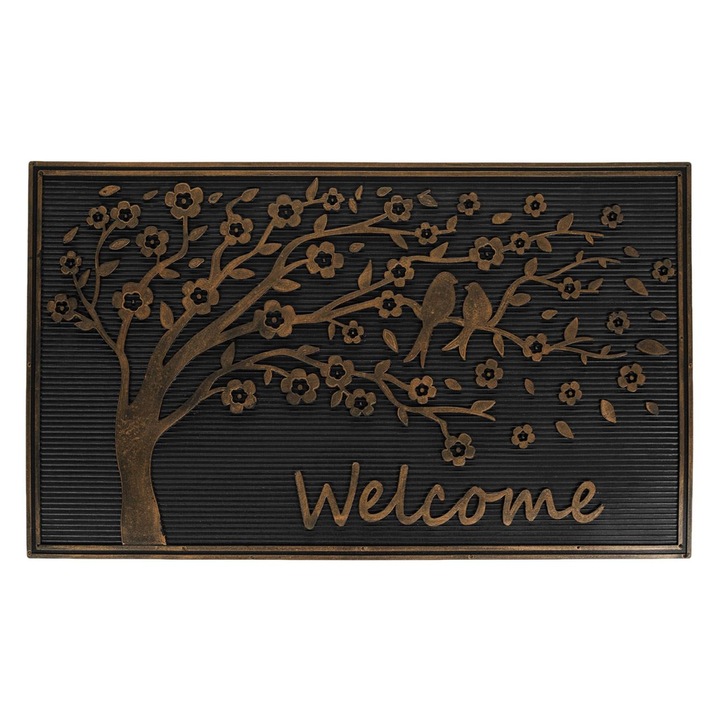 AB HOMES bejárati szőnyeg, fekete, 75x45 cm, fa, virág és madár mintával, „Welcome” üzenettel, csúszásmentes és ellenálló