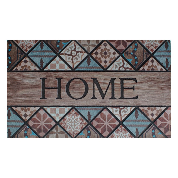 Lábtörlő, Csempe Minta, "Home" Üzenet, Többszínű, 75x45cm, Gumi Textil Anyaggal, MYONNA IT & E- COMMERCE ®