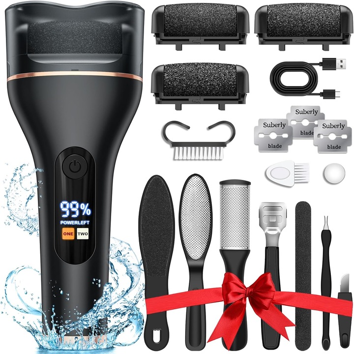 Elektromos reszelő talphoz és sarokhoz, Digitális kijelző, Led, Akkumulátor 1200 mAh, USB töltés, Vízálló, 3 görgős, 2000 ford./perc, Tartozékok mellékelve, Elhalt bőr eltávolítása, bőrkeményedés eltávolítása, fekete