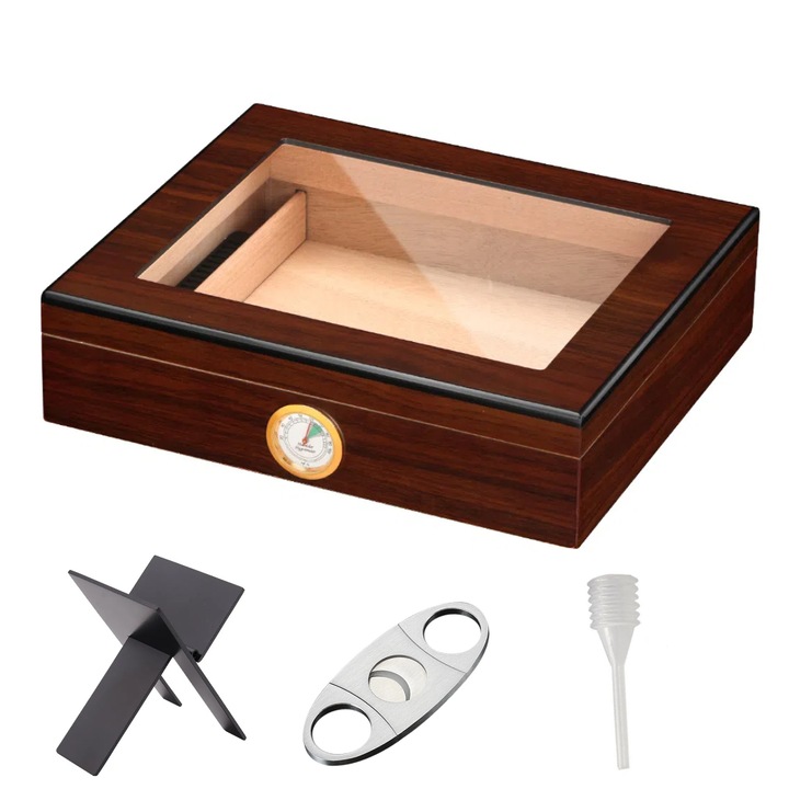 Humidor pentru Trabucuri, Gkllonve®, Cedru, Capacitate 20-25 de trabucuri, Maro, cu Suport Negru, Foarfeca Argintie, Pipeta Transparenta