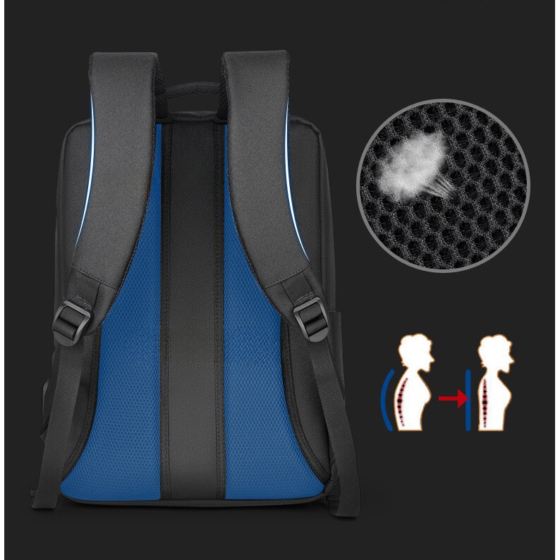 Rucsac pentru laptop, barbati, rezistent la apa, multifunctional, port USB, albastru