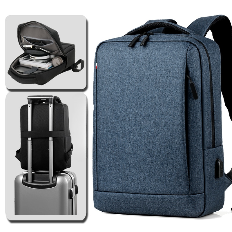 Rucsac pentru laptop, barbati, rezistent la apa, multifunctional, port USB, albastru