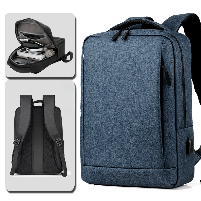 Rucsac pentru laptop, barbati, rezistent la apa, multifunctional, port USB, albastru