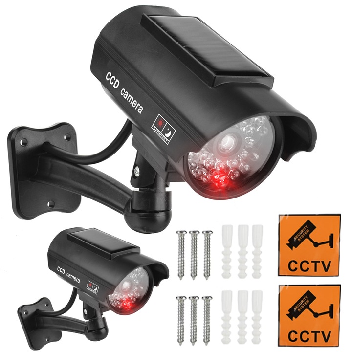 Set 2 camere de supraveghere false, panou solar, LED, 11x6x12cm, negru