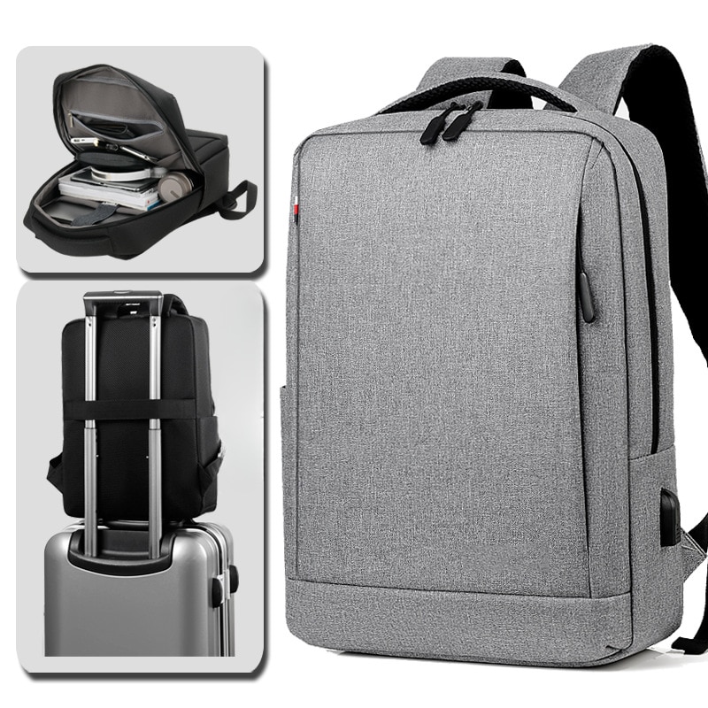 Rucsac pentru laptop, barbati, rezistent la apa, multifunctional, port USB, gri