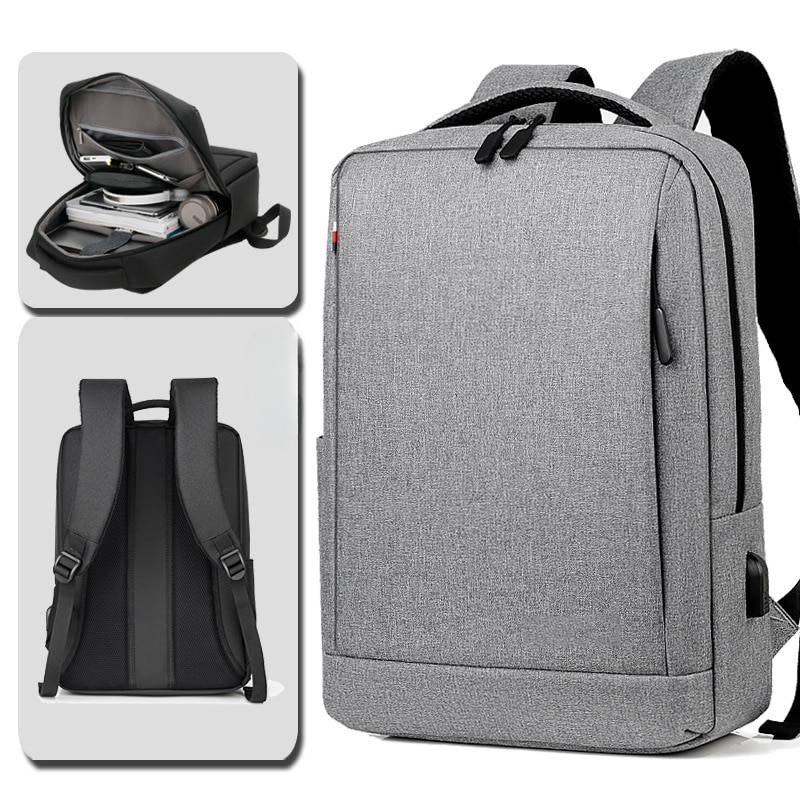 Rucsac pentru laptop, barbati, rezistent la apa, multifunctional, port USB, gri