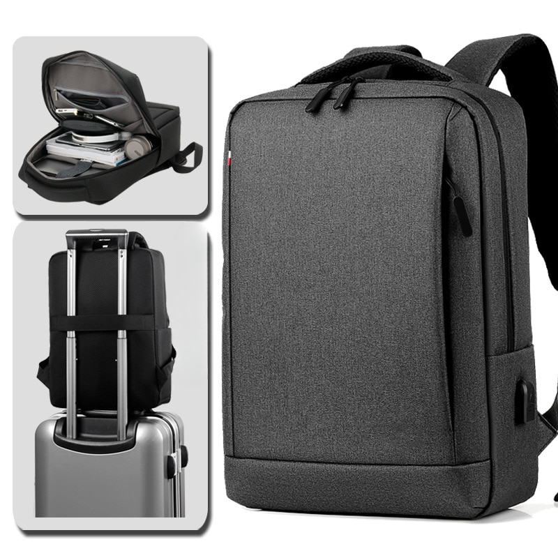 Rucsac pentru laptop, barbati, rezistent la apa, multifunctional, port USB, gri inchis