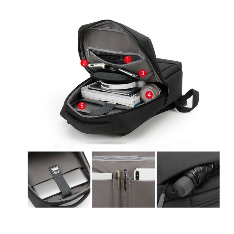 Rucsac pentru laptop, barbati, rezistent la apa, multifunctional, port USB, gri inchis