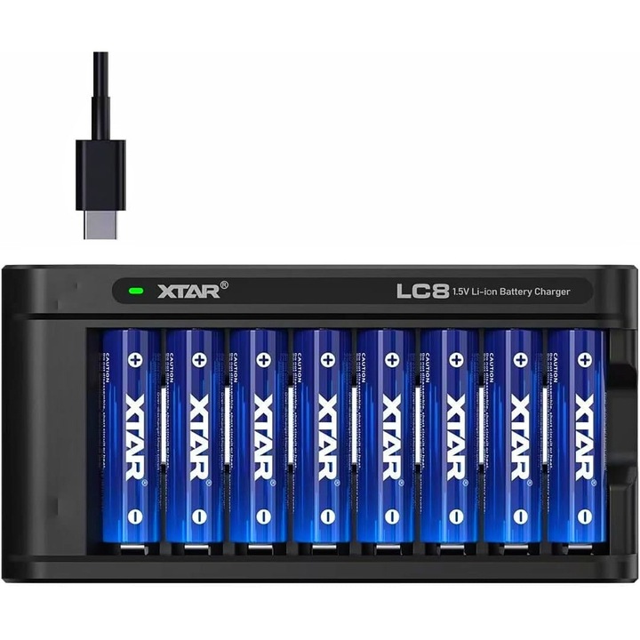Incarcator cu 8 acumulatori AA, 1.5V, Li-Ion, 4150 mWh, 2500 mAh, Xtar