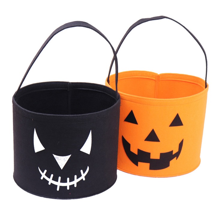 Set 2 Galeti Halloween pentru Dulciuri, Design Jack-O'-Lantern, Pasla, Negru/Portocaliu, 25x25x20cm