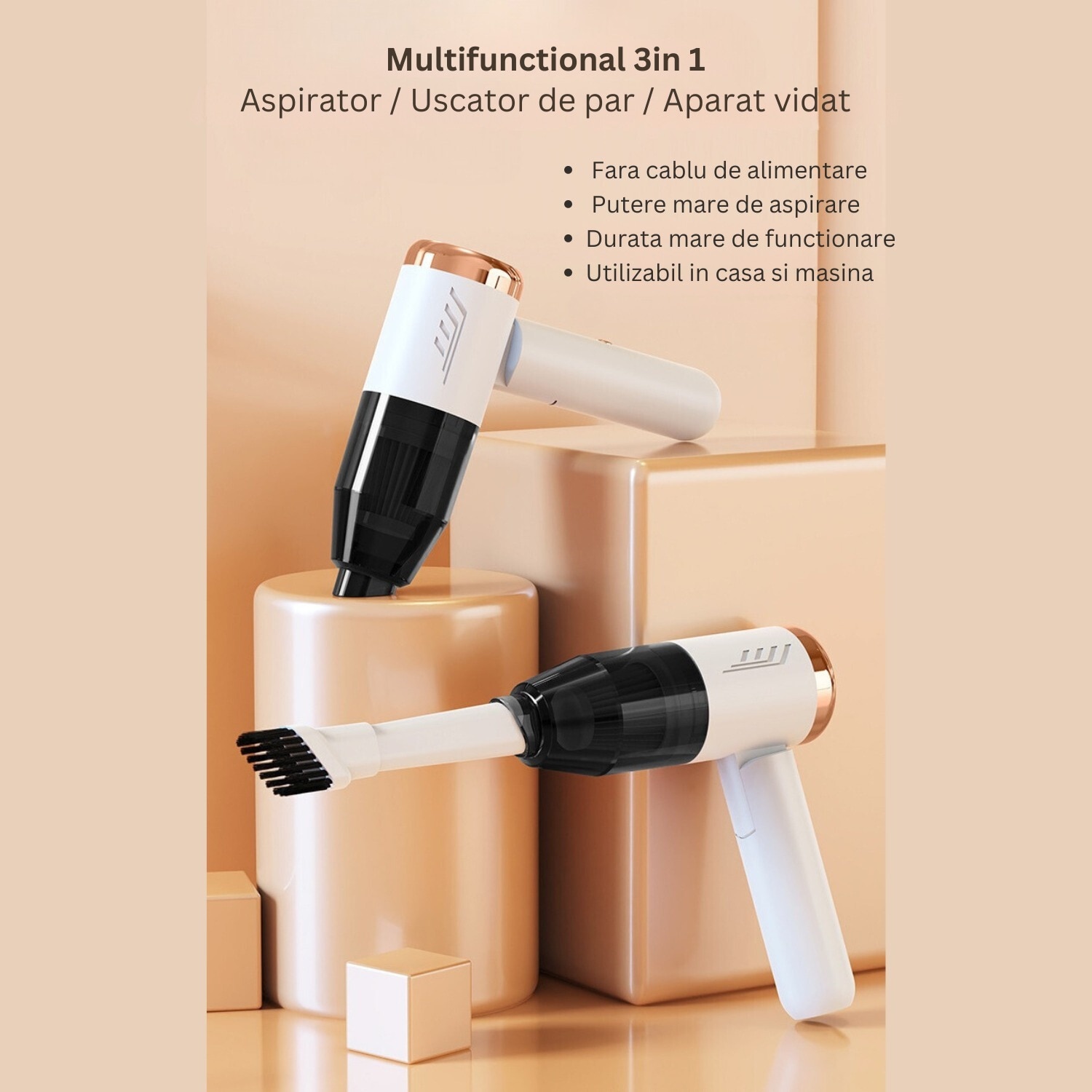 MINIASPIRATOR portabil, uscator de par, aparat vidare, multifunctional 3 in 1, DABISY, functie aspirare si suflare, fara fir, silentios, acumulator 1500 mAH, incarcare usb-c, 5 accesorii, filtru HEPA, autonomie 3h, compact si versatil, alb