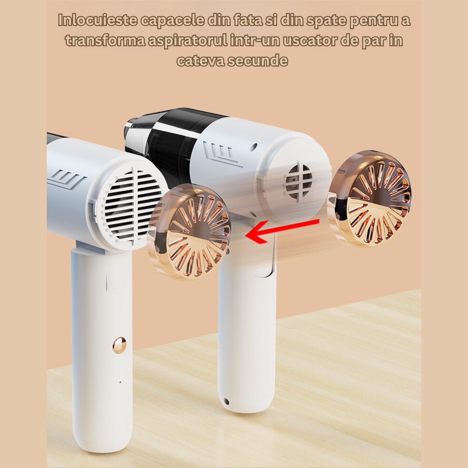 MINIASPIRATOR portabil, uscator de par, aparat vidare, multifunctional 3 in 1, DABISY, functie aspirare si suflare, fara fir, silentios, acumulator 1500 mAH, incarcare usb-c, 5 accesorii, filtru HEPA, autonomie 3h, compact si versatil, alb