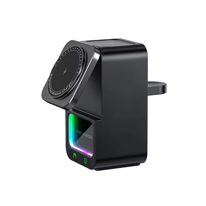 Incarcator wireless ZYTEQ®️, tip statie de incarcare universala 4 in 1, compacta, cu boxa Bluetooth, lumina calda, fast charge CryoBoost 15W, negru