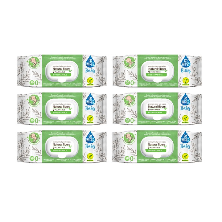 Бебешки мокри кърпички, Ultra-мека целулоза, Olive, капачка, 6 опаковки x 50 бр., GoWipes