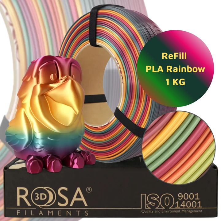 Filament 3D, Rosa3D, Refill Pla Rainbow Silk Tropical, 1.75 Mm, Gradient Exotic, Stralucitor/Glossy, Usor De Imprimat, Finisaj Lucios, Contractie Redusa, 1 Kg, Multicolor
