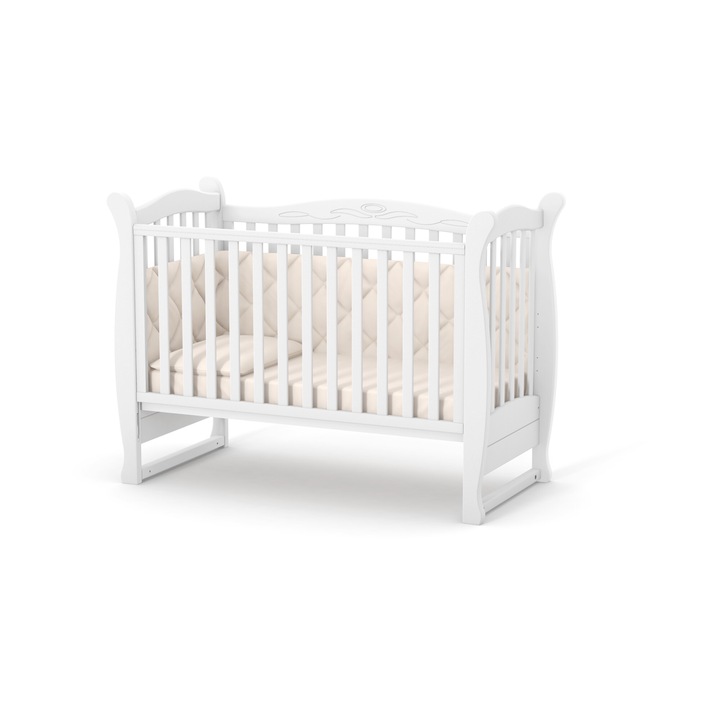 Patut pentru copii, 120×60 cm, alb, LD15, din lemn masiv de fag, 0-4 ani, cu sina pentru dentitie, inaltimea saltelei reglabila, laterala detasabila