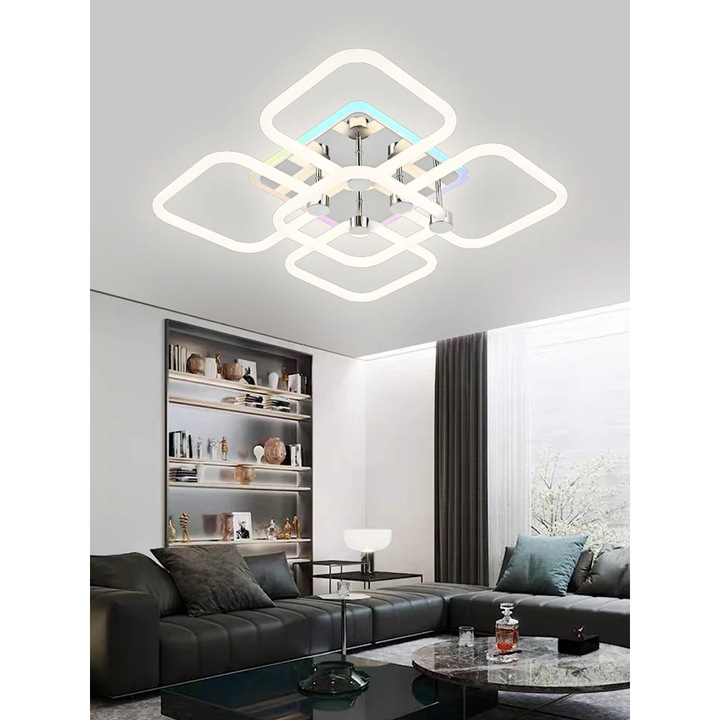 Lustra LED cu 3 functii si telecomanda, 63W, lumina calda/rece/naturala+RGB, intensitate reglabila, alb/argintiu LED CONCEPT, LC-R-R9142/4+1C