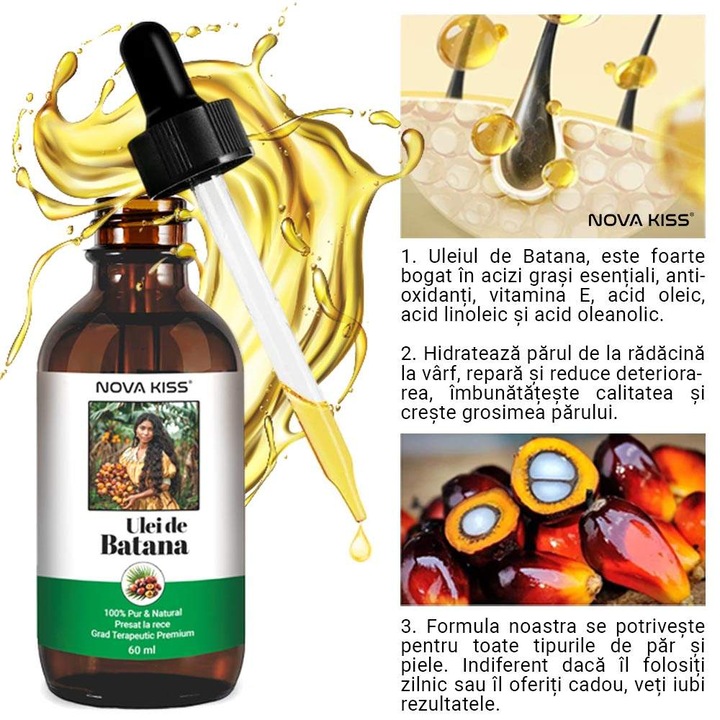 Ulei Premium de Batana 100% Pur & Natural NOVA KISS® pentru Cresterea Parului, Tratarea Scalpului si Ingrijirea Pielii, 60 ml