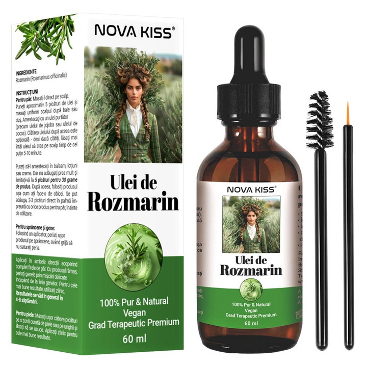 Ulei Premium de Rozmarin 100% Pur & Natural NOVA KISS® pentru Cresterea Parului, Ingrijirea scalpului, Pielii, Genelor si Sprancenelor, 60 ml