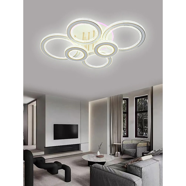Lustra LED cu 3 functii si telecomanda, 117W, lumina calda/rece/naturala+RGB, intensitate reglabila, alb/auriu, LED CONCEPT, LC-R-R9134/2+2+2C