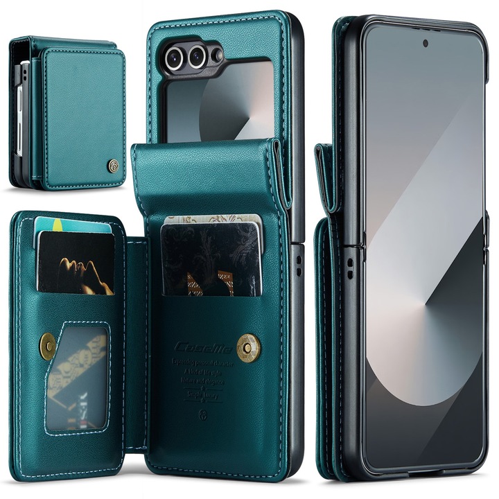 Калъф за Samsung Galaxy Z Flip6, CaseMe, мека текстурирана кожа и удобен за хващане в ръка, тип рамка, пълна защита, функция за стойка, притежател на карта, Зелено