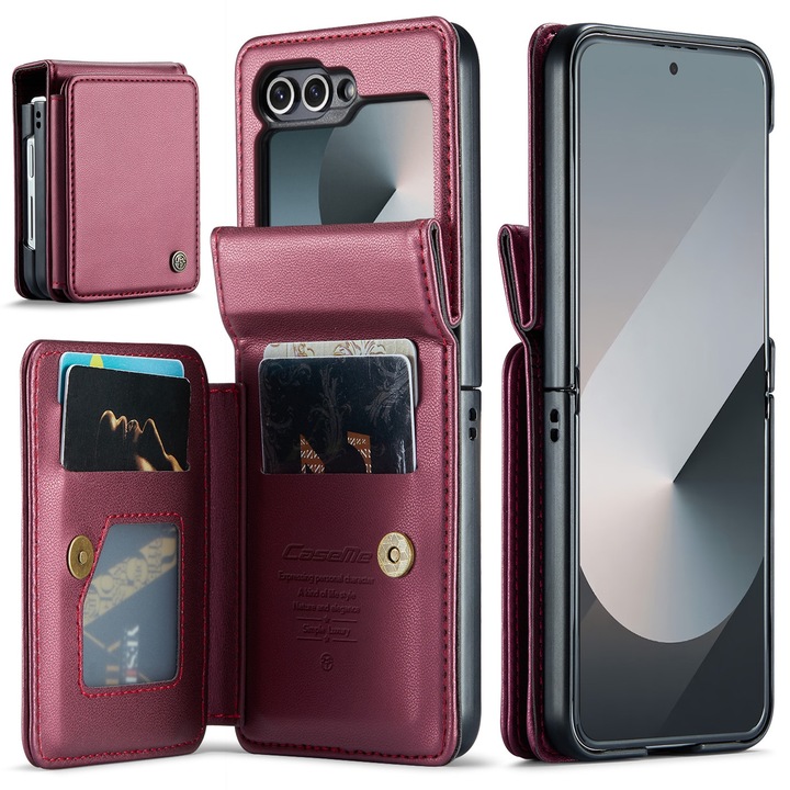 Калъф за Samsung Galaxy Z Flip6, CaseMe, мека текстурирана кожа и удобен за хващане в ръка, тип рамка, пълна защита, функция за стойка, притежател на карта, червен