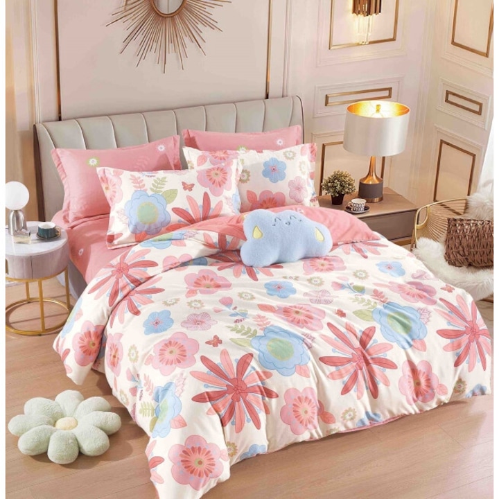 Двойен спален комплект с ластик, Jojo Home, 6 части, 2 лица, 180x200см, Finet Superior, щампа Пастелни цветя, Многоцветен