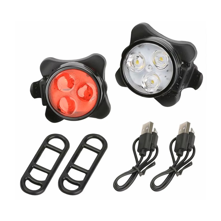 Kerékpár lámpa készlet LED-del, elöl és hátul, 4 világítási mód, 150 lumen, 500 mAh-s akkumulátor maximum 30 órás autonómiával és USB töltéssel, univerzális illeszkedés, beleértve a robogót, robogót, elektromos kerékpárt, e-bike-ot