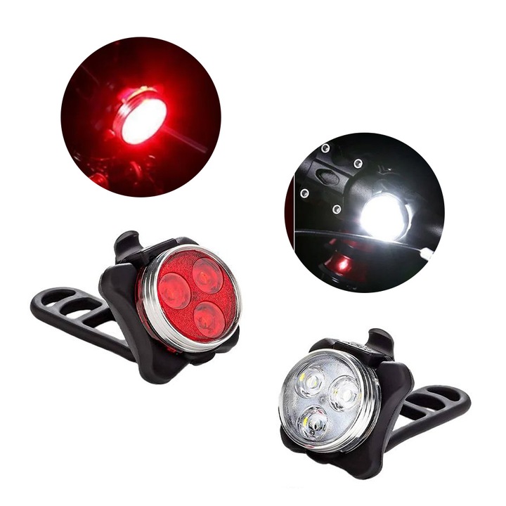Set lumini bicicleta far si stop cu LED, fata si spate, 4 moduri de iluminare, 20 + 10 lumeni, baterie 500 mAh, incarcare USB, potrivire universala, trotineta, scuter, bicicleta electrica, e-bike