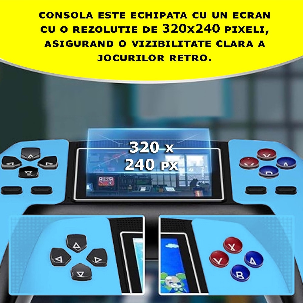 Consola Retro Jocuri Video Portabila EDAR, 520 Jocuri Incorporate, Display Rezolutie 320x240, Iesire AV, Conectare Televizor, Incarcare USB, Acumulator 1020 mAh, Albastru