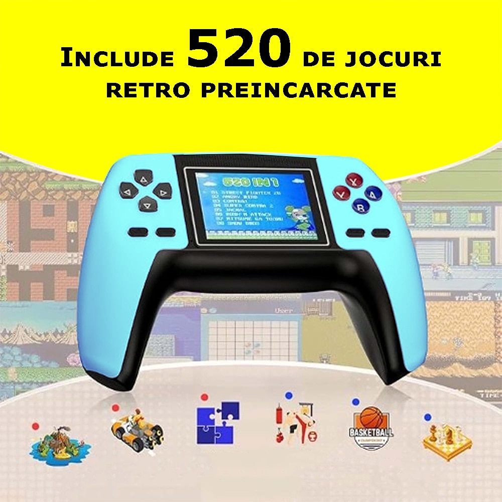 Consola Retro Jocuri Video Portabila EDAR, 520 Jocuri Incorporate, Display Rezolutie 320x240, Iesire AV, Conectare Televizor, Incarcare USB, Acumulator 1020 mAh, Albastru
