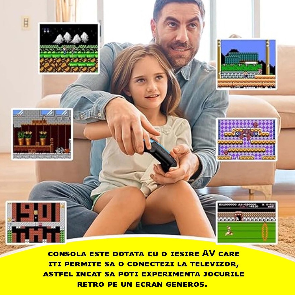 Consola Retro Jocuri Video Portabila EDAR, 520 Jocuri Incorporate, Display Rezolutie 320x240, Iesire AV, Conectare Televizor, Incarcare USB, Acumulator 1020 mAh, Albastru