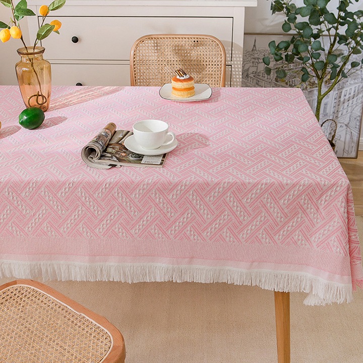 YANYXR téglalap alakú rózsaszín pamut asztalterítő 140x200cm bojtokkal