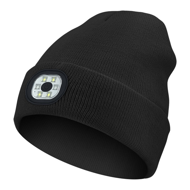 Világító sapka, LED világító sapka, uniszex, USB újratölthető, ultra fényes, 4 LED, vízálló, fejlámpa téli kötött sapka ajándék férfiaknak és nőknek, fekete