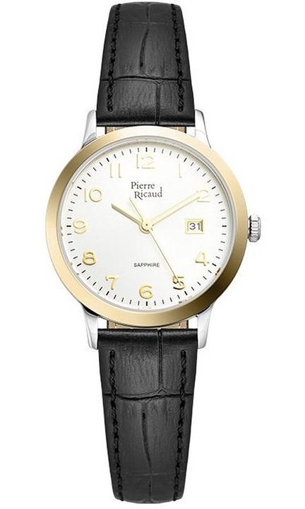 Ceas Pierre Ricaud P51022.2223Q, quartz, carcasa inox bicolora, curea piele neagra, cadran alb, rezistent la apa 3 ATM
