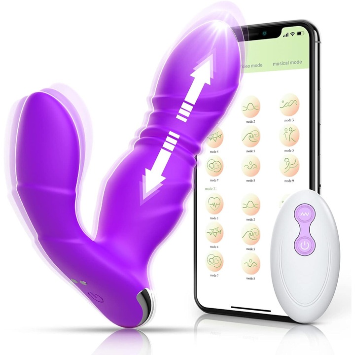 Вибратор EXCITAT®, USB, Дистанционно управление, Стимулиращ двоен вибратор за клитора и G-точката, Водоустойчив, 9 режима на вибрация чрез мобилно приложение, Лилав