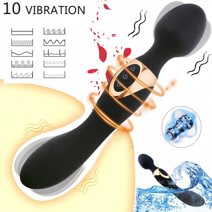 Vibrator Stimulator EXCITAT® Sex Toys, Viteza Reglabila, Este disponibil AV cu doua capete, 10 de Programe Vibratii, ABS + Silicon Medicinal, Magica, incarcare USB, Stimulare Intensa, Flexibil, Rezistent, Negru