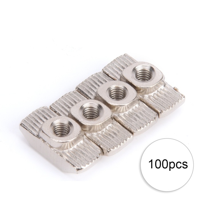 Set 100 piulite T din otel carbon, Enforose, dimensiuni 19.5x5x8mm, finisaj nichelat
