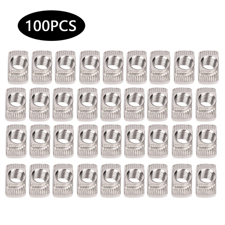 Set 100 buc. Piulite T standard european 45T M8, otel carbon, tratament nichelat, dimensiuni 19x5.8x10mm