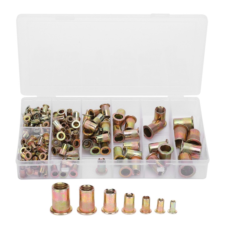 Set 165 buc piulite cu nituri din otel, Enforose, M3/4/5/6/8/10/12, rezistente la oxidare, cutie transparenta