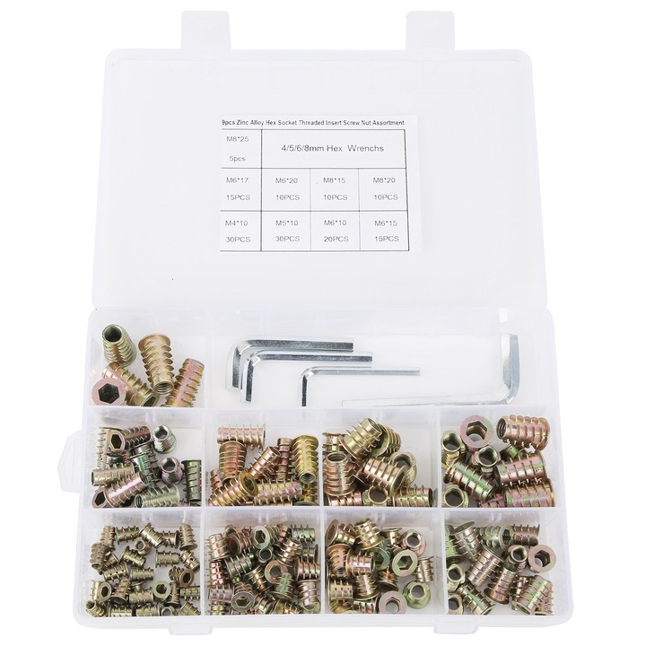 Set 149 buc. piulite hexagonale din fier galvanizat cu chei hexagonale, M4/M5/M6/M8, dimensiuni variate