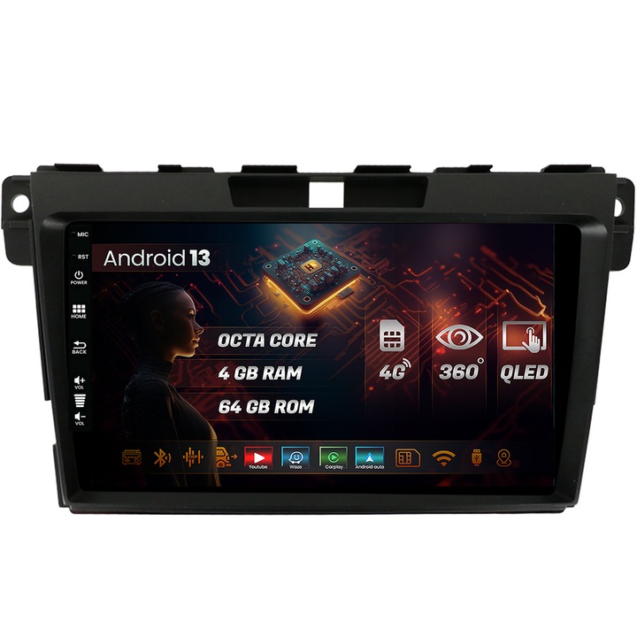 Navigatie HUB64 Mazda CX-7 (2008-2013), 4GB RAM, Android 13, Octacore, Slot Sim 4G, DSP, GPS, Wi-FI, Carplay, Android Auto, USB, Bluetooth, Waze, Touchscreen, 9 inch