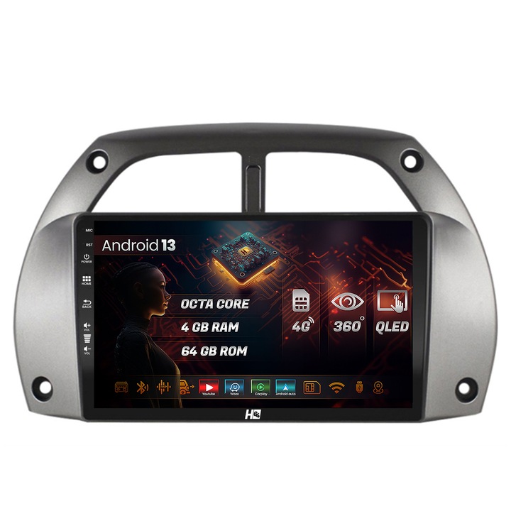 Navigatie HUB64 Toyota RAV4 (2001-2006), 4GB RAM, Android 13, Octacore, Slot Sim 4G, DSP, GPS, Wi-FI, Carplay, Android Auto, USB, Bluetooth, Waze, Touchscreen, 9 inch