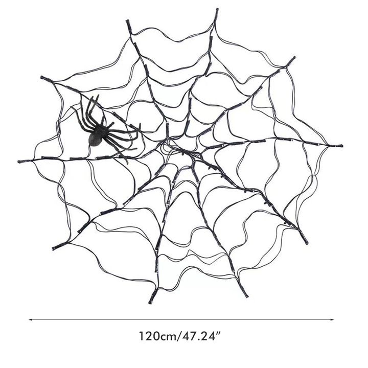Halloween dekoratív háló és pók készlet, KkvoGmle, 80 narancssárga LED, Háló 120 cm, Pók 30x12 cm, Fekete