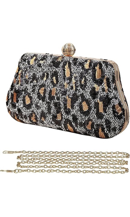 Чанта-плик, повод, с пайети, леопард, Vintage Design, Elegant, Silver