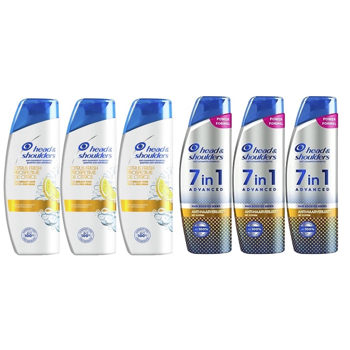 Set Igiena Head&shoulders 6 x Componente, 3 x sampon 200ml citrus, 3 x sampon 225ml 7in1 men hair booster, testat dermatologic, prospetime de lunga durata, delicat pentru scalp, non-toxic, eco-friendly, aspect stralucitor, previne iritatia pielii