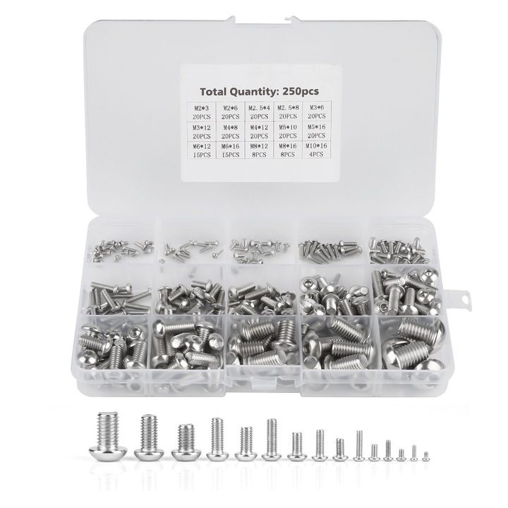 250 db M2/ M2.5/ M3 / M4/ M5/ M6/ M8/ M10 Gépcsavar készlet laptophoz/billentyűzethez/telefonhoz/PC-hez (hatlapfejű csavar)