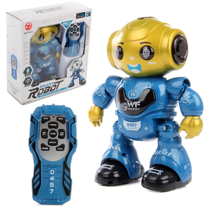 Jucarie interactiva Robot inteligent cu telecomanda, functii multiple, lumini LED, melodii si dansuri, 22 cm x 16 cm x 9 cm, albastru-galben