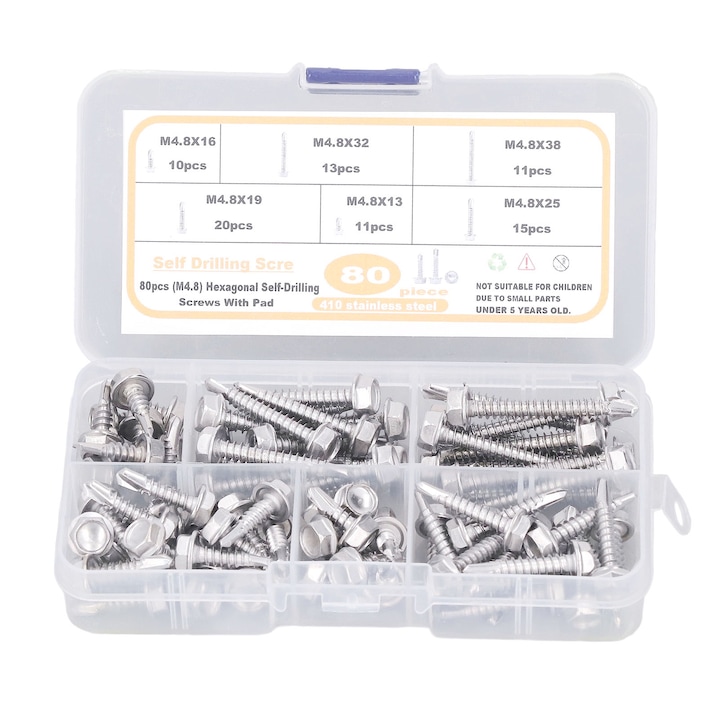Set 80 suruburi auto-perforante M4.8 din inox 410 cu cap hexagonal, diverse dimensiuni, cutie de depozitare, AMRINUGL